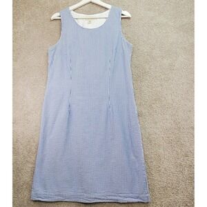 L.L.Bean Seersucker Shift Dress Womens 10 Blue White Striped Pleated Side Zip